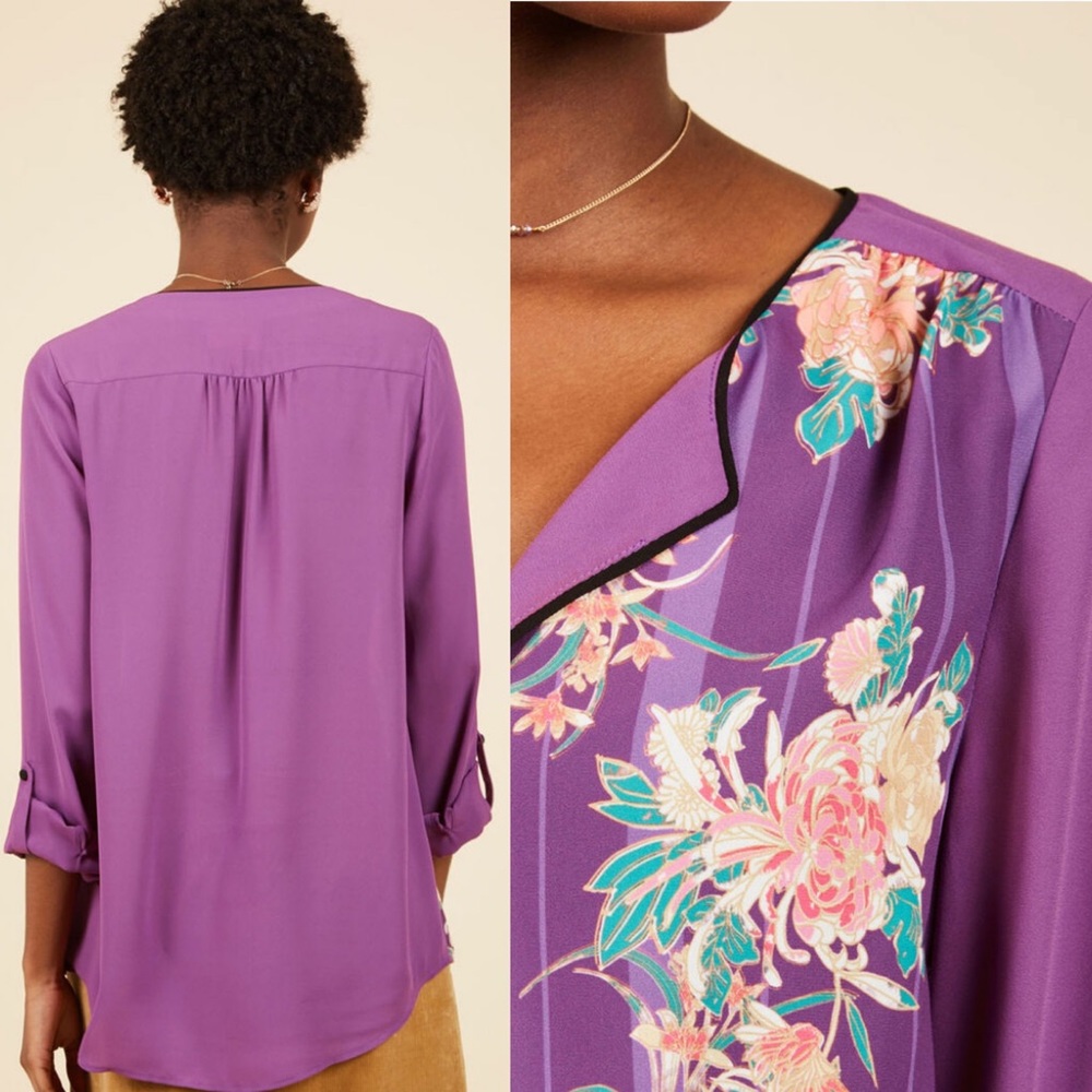 ModCloth Co-Host Long Sleeve Top Purple Floral - Picture 2 of 9